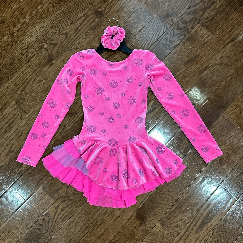 Girls (Size 10-12) Mondor Pink Velvet & Glitter Ice Skating Dress